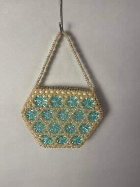 Pearl Hexagon Clutch with Aqua Floral Accents